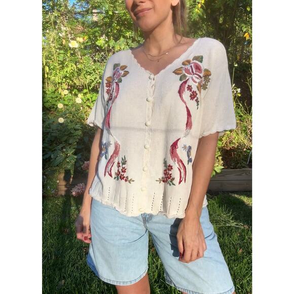 Vintage Embroidered Knit Cardigan Tee, New Look Sweater Grandma - Picture 7 of 9